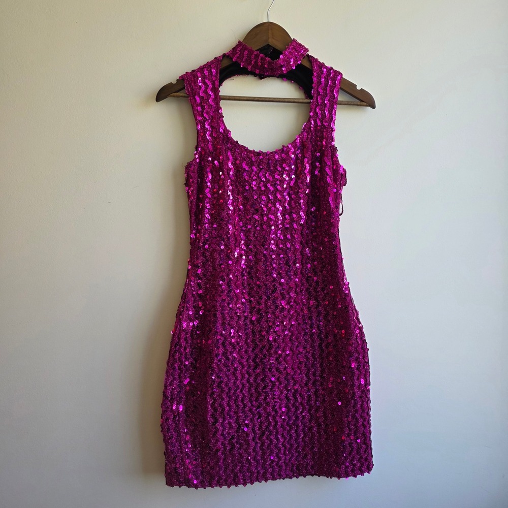 Vintage 80s Magenta Pink Sequin Mini Dress Mock Neck Open‎ Back Union Made USA